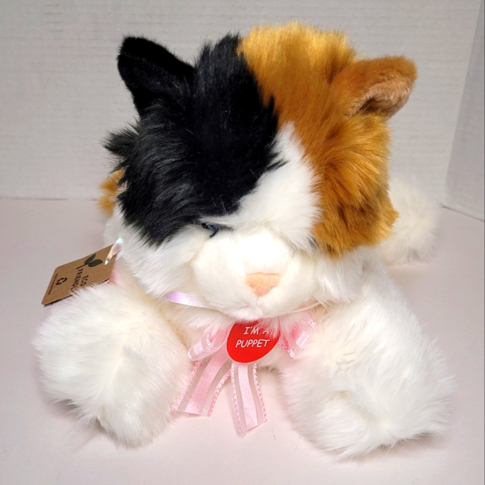 Calico Cat Plush Stuffed Animal Hand Puppet Pink Bow NWT
